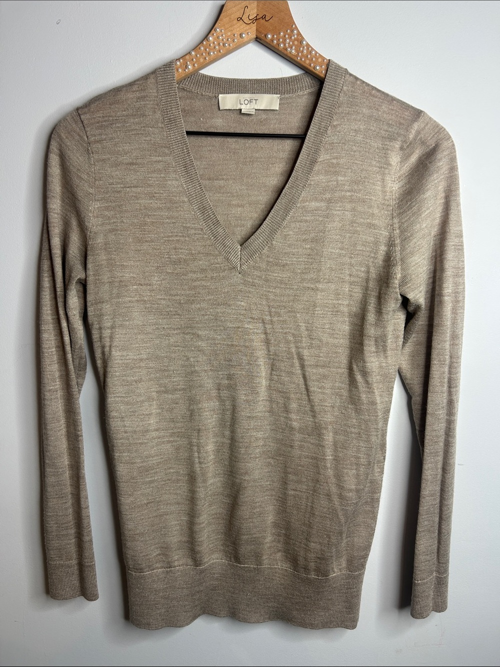 LOFT Taupe V-Neck Lightweight Sweater